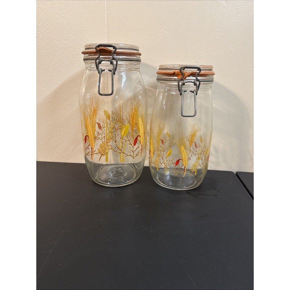 Arc France Vintage Glass 2 & 1.5Liter Jars Wheat Pattern Clamp Rubber Seal w Lid